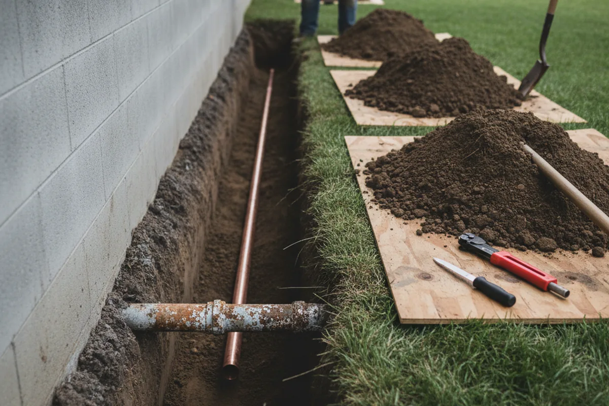 Excavated water line trench during Water Softener Installation in Johnston